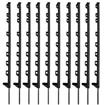 Ten steel snow fencing pins with eight plastic hooks